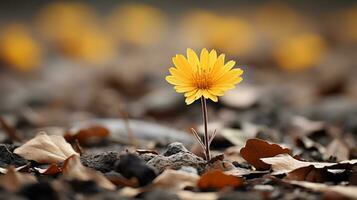 ein Single Gelb Blume ist Stehen aus im das Mitte von ein Feld generativ ai foto
