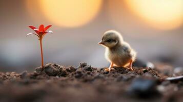 ein klein Baby Vogel ist Stehen Nächster zu ein Blume generativ ai foto