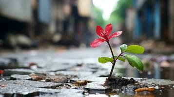 ein klein Pflanze wachsend aus von ein Pfütze im das Mitte von ein Straße generativ ai foto
