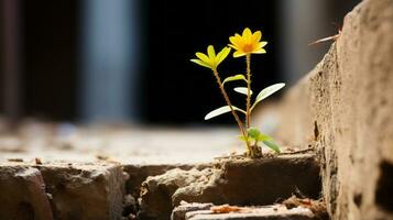 ein klein Gelb Blume ist wachsend aus von ein Riss im ein Backstein Mauer generativ ai foto