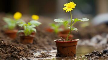 ein klein Gelb Blume ist wachsend im ein eingetopft Pflanze im das Schlamm generativ ai foto