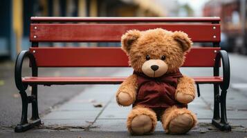 ein Teddy Bär Sitzung auf ein Bank generativ ai foto