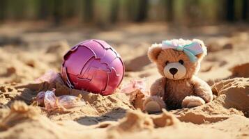 ein Teddy Bär Sitzung im das Sand Nächster zu ein Rosa Ei generativ ai foto