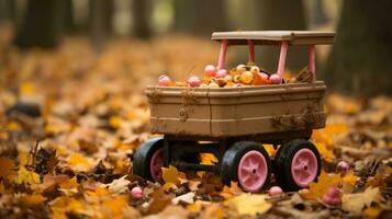 ein Spielzeug Wagen gefüllt mit Äpfel im das Wald generativ ai foto