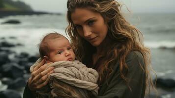 ein Frau halten ein Baby auf ein felsig Strand generativ ai foto