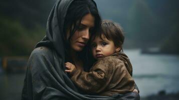 ein Frau halten ein Kind im das Regen generativ ai foto