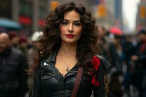 ein Frau im ein Leder Jacke und rot Lippenstift Stehen im das Mitte von ein beschäftigt Stadt Straße generativ ai foto
