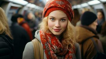 ein Frau tragen ein Hut und Schal auf ein U-Bahn Zug generativ ai foto