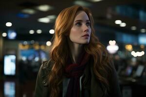 ein Frau mit lange rot Haar Stehen im ein Flughafen generativ ai foto