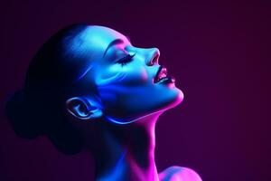 ein Frau mit Neon- bilden auf ihr Gesicht generativ ai foto