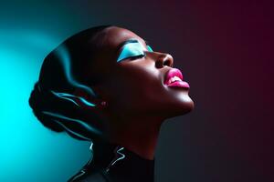 ein Frau mit Neon- bilden auf ihr Gesicht generativ ai foto