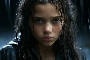 ein jung Mädchen im das Regen mit nass Haar generativ ai foto
