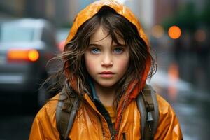 ein jung Mädchen im ein Orange Regenjacke Stehen im das Regen generativ ai foto