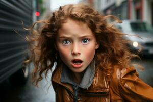 ein jung Mädchen mit ein überrascht aussehen auf ihr Gesicht generativ ai foto