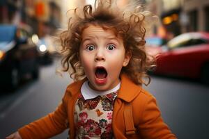 ein jung Mädchen mit ihr Mund öffnen im das Mitte von das Straße generativ ai foto