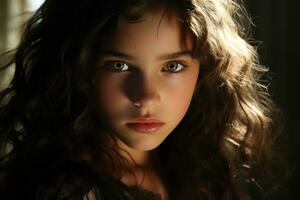 ein jung Mädchen mit lange lockig Haar und Grün Augen generativ ai foto
