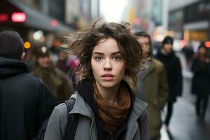 ein jung Frau Stehen im das Mitte von ein beschäftigt Stadt Straße foto