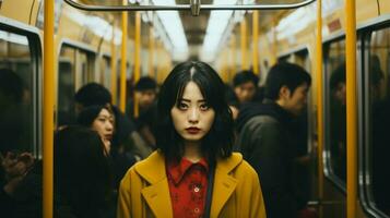 ein asiatisch Frau im ein Gelb Mantel auf ein U-Bahn Zug generativ ai foto
