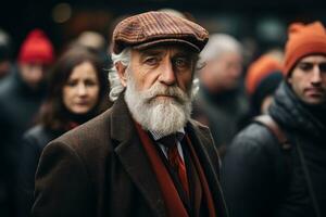 ein alt Mann mit ein Bart und Hut im ein Menge generativ ai foto