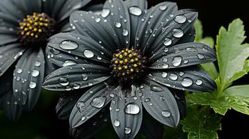 zwei schwarz Blumen mit Wasser Tröpfchen auf Sie generativ ai foto