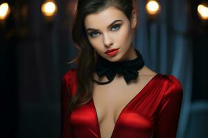 schön Frau im rot Kleid und schwarz Bogen Krawatte generativ ai foto