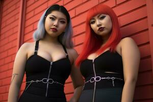 zwei asiatisch Frauen im schwarz und rot Outfits Stehen Nächster zu jeder andere generativ ai foto