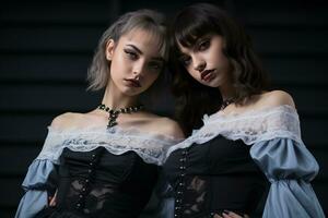 zwei jung Frauen im gotisch Kleidung posieren zum das Kamera foto