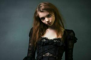 ein jung Frau im ein gotisch Outfit posieren zum das Kamera generativ ai foto
