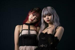 zwei asiatisch Frauen gekleidet im gotisch Kleidung posieren zum das Kamera generativ ai foto