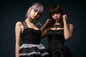 zwei asiatisch Frauen im schwarz Kleider posieren zum das Kamera generativ ai foto