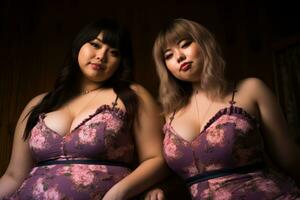 zwei asiatisch Frauen im Kleider posieren zum das Kamera generativ ai foto