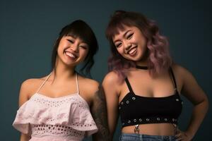 zwei asiatisch Frauen posieren zum das Kamera generativ ai foto