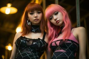 zwei asiatisch Frauen mit Rosa Haar posieren zum das Kamera generativ ai foto