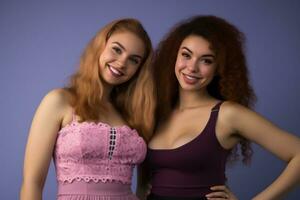 zwei schön jung Frauen posieren zum das Kamera auf ein lila Hintergrund generativ ai foto
