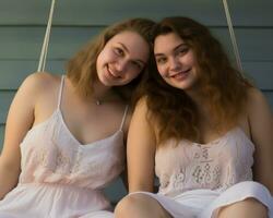 zwei Mädchen Sitzung auf ein schwingen generativ ai foto