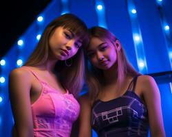 zwei jung asiatisch Frauen posieren im Vorderseite von Neon- Beleuchtung generativ ai foto