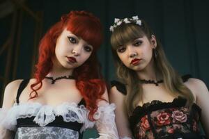 zwei jung Frauen gekleidet im gotisch Kleidung posieren zum das Kamera generativ ai foto