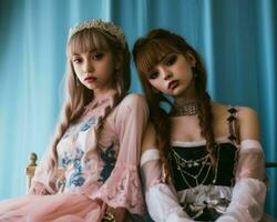 zwei jung Frauen gekleidet im gotisch Outfits Sitzung auf ein Bett generativ ai foto