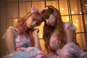 zwei jung Frauen gekleidet im Rosa und Rosa Kleider generativ ai foto