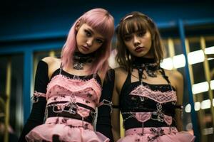 zwei jung Frauen gekleidet im Rosa und schwarz Dessous generativ ai foto