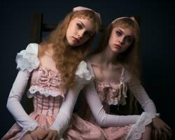 zwei jung Frauen im Rosa Kleider Sitzung auf ein Stuhl generativ ai foto