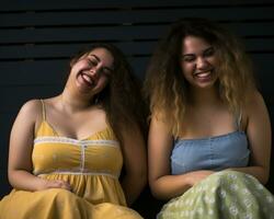 zwei jung Frauen Sitzung auf ein Bank Lachen generativ ai foto