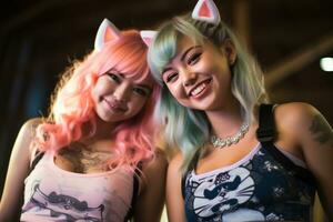 zwei jung Frauen mit Rosa Haar und Katze Ohren generativ ai foto