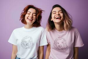 zwei Frauen tragen t - - Hemden auf ein lila Hintergrund generativ ai foto