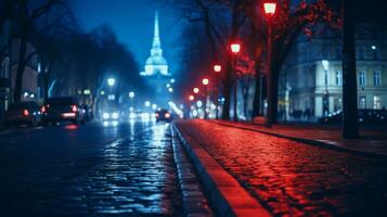 ein Stadt Straße beim Nacht mit rot Beleuchtung auf das Straße generativ ai foto