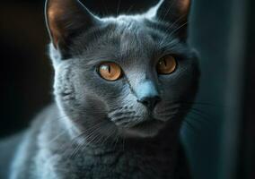 Russisch Blau Katze Porträt schließen oben erstellt mit generativ ai Technologie foto