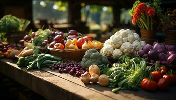 Frische von organisch Gemüse auf hölzern Tisch, gesund Essen generiert durch ai foto