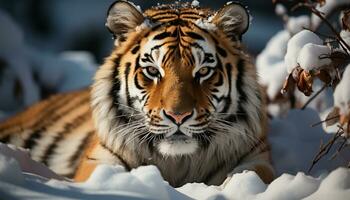 majestätisch Bengalen Tiger starren, Schnee bedeckt Wald, Schönheit im Natur generiert durch ai foto