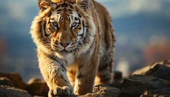 majestätisch Tiger gehen, starren, Natur Schönheit im still Sonnenuntergang generiert durch ai foto