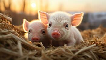 süß Ferkel suchen beim Sonnenuntergang auf Bauernhof, umgeben durch Natur generiert durch ai foto